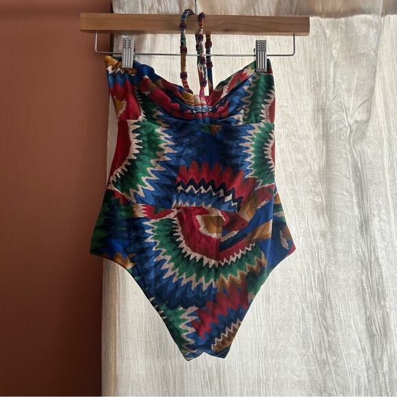 Farm Rio Chevron Toucans Halter Neck One-Piece Bathing Suit Swimsuit NEW Size S - Picture 3 of 10